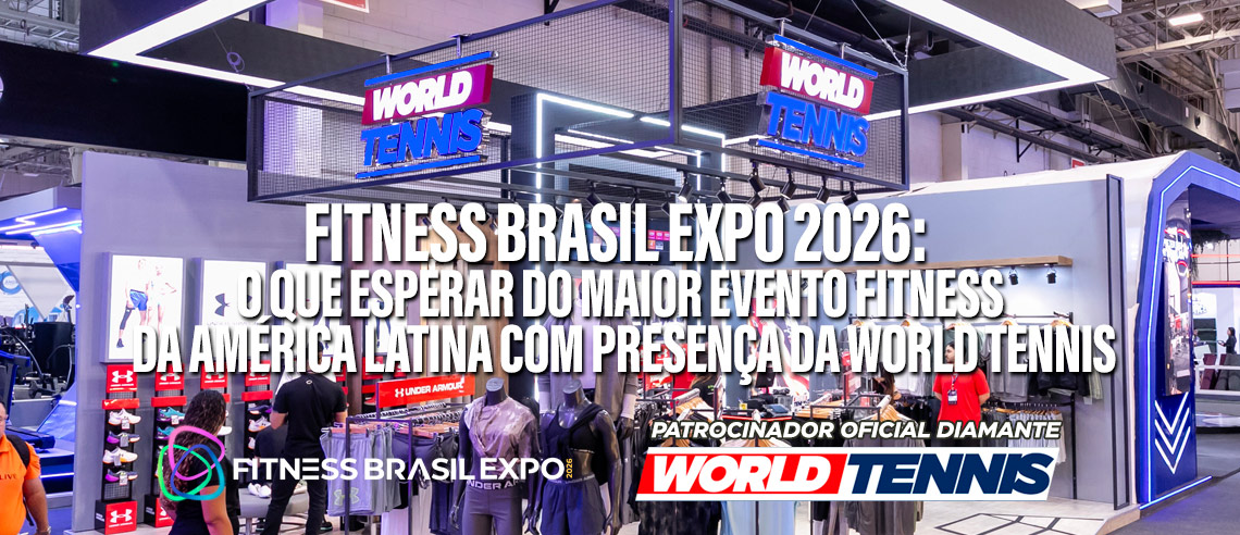 estande da World Tennis na Fitness Brasil Expo com tênis esportivos e ativações da marca