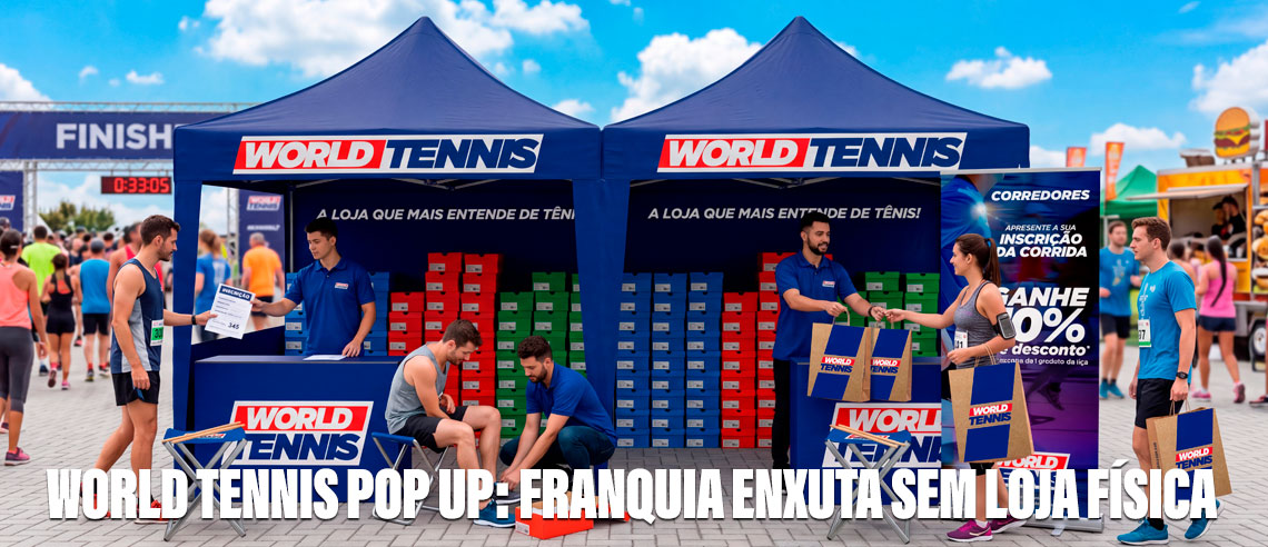 Estrutura móvel e tenda promocional da microfranquia World Tennis Pop Up em evento esportivo